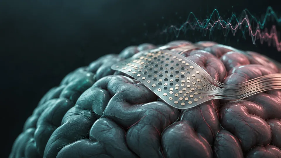 Precision Neuroscience brain-computer interface showing a flexible cortical electrode array on the brain surface following its $250 million Series D funding round.