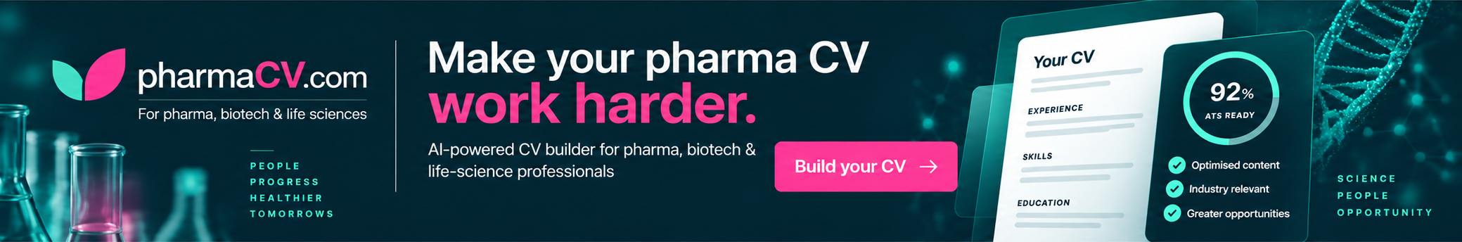 pharmaCV.com — Make your pharma CV work harder. AI-powered CV builder for pharma, biotech and life-science professionals. Build your CV.